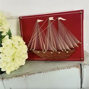 Vintage String Art Ship Boat Wood Body Brass Tacks Gold Thread Red Felt MCM